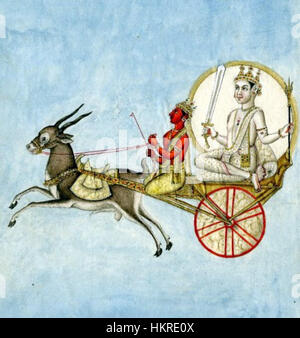 Dieses Gemälde zeigt den hinduistischen Mondgott Chandra auf einem Wagen, eine traditionelle Darstellung in der indischen Mythologie. Das Kunstwerk veranschaulicht Chandras göttliche Rolle und ist ein Beispiel für religiöse Kunst, die in indischen kulturellen Traditionen verwurzelt ist. Stockfoto
