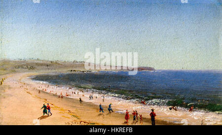 Charles de Wolf Brownells Gemälde von Easton's Beach in Newport, Rhode Island, fängt die ruhige Schönheit der Küste ein. Dieses Stück aus dem 19. Jahrhundert spiegelt die amerikanische Landschaftstradition und Brownells detaillierten Umgang mit Naturszenen wider. Stockfoto