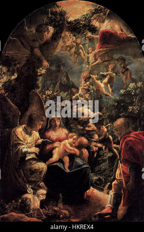 „Rest on Flight into Egypt“ von Adam Elsheimer zeigt die Heilige Familie während ihrer Reise nach Ägypten und fängt den ruhigen Moment der Ruhe ein. Das Gemälde veranschaulicht Elsheimers Fähigkeit, intime, emotional aufgeladene Szenen zu kreieren. Stockfoto