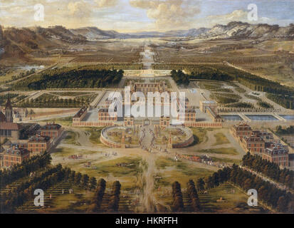 Pierre Patels Gemälde des Château de Versailles aus dem Jahr 1668 fängt die Pracht und Eleganz der französischen Königsresidenz im 17. Jahrhundert ein. Bekannt für seine detaillierte Darstellung bietet das Werk einen Einblick in die Opulenz von Versailles, die seine architektonische Schönheit und kulturelle Bedeutung widerspiegelt. Stockfoto