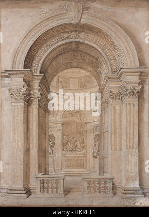 Diese Zeichnung der Chigi-Kapelle aus dem Jahr 1655 bietet eine detaillierte architektonische Darstellung, die das kunstvolle Design und die religiöse Symbolik der damaligen Zeit zeigt. Es spiegelt die Werke von Renaissance-Künstlern wider. Stockfoto