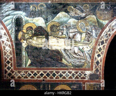 Dieses Fresko der Heiligen Kosmas und der Damiankirche in Kastoria zeigt das Grab Christi, ein bedeutendes religiöses Thema in der byzantinischen Kunst. Stockfoto