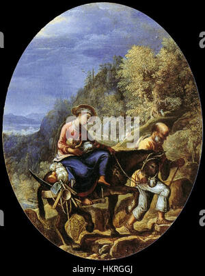 „Der Flug nach Ägypten“ von Adam Elsheimer schildert die Flucht der Heiligen Familie nach Ägypten. Das Gemälde unterstreicht Elsheimers Beherrschung von Licht und Schatten und konzentriert sich dabei auf die ruhige und schützende Atmosphäre, die die heiligen Figuren umgibt. Stockfoto