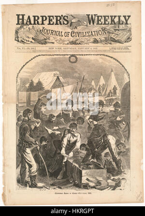 Dieses 1861 entstandene Gemälde zeigt Weihnachtsfeiern während des Amerikanischen Bürgerkriegs, in denen Soldaten im Lager Weihnachtskästen austauschen, was den Geist des Feiertags in den Not des Krieges widerspiegelt. Stockfoto