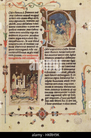 „Chronicon Pictum 099“ ist eine ungarische Handschrift aus dem 14. Jahrhundert, die eine detaillierte Bildgeschichte der Herrschaft von König Ludwig dem Großen bietet. Es verbindet historische Ereignisse mit symbolischen Illustrationen und dient als visuelle Aufzeichnung des mittelalterlichen Ungarn und seiner Monarchie, die die Kunst der Zeit zeigt. Stockfoto