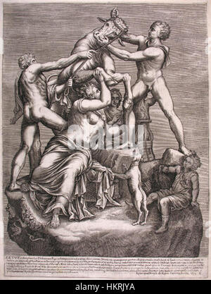 Der Farnesian Bulle ist eine alte römische Marmorskulptur, die für ihre dramatische Darstellung von zwei Männern bekannt ist, die mit einem Bullen kämpfen. Das Kunstwerk war ursprünglich Teil der Sammlung Farnese und befindet sich heute im Archäologischen Nationalmuseum von Neapel. Seine komplizierten Details und seine dynamische Form repräsentieren die künstlerische Meisterschaft der römischen Zeit und beeinflussen die klassische Kunst weiterhin. Stockfoto