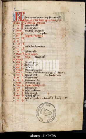 Der Codex Lichtenthal 37, Kalenderblatt Januar, ist eine historische Handschrift mit detaillierten Illustrationen und Schriften aus dem 14. Jahrhundert. Sie bietet Einblicke in das mittelalterliche Verständnis von Zeit, Kalendern und dem Verlauf von Monaten. Stockfoto