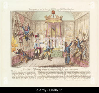 Ein satirischer Druck von James Gillray mit dem Titel „Konsequenzen einer erfolgreichen französischen Invasion“, der die sozialen und politischen Auswirkungen eines französischen Sieges veranschaulicht. Der Druck kritisiert humorvoll die britische Reaktion auf eine französische Invasion, mit überzogenen Darstellungen politischer Persönlichkeiten und gesellschaftlicher Reaktionen. Stockfoto