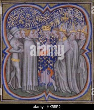 Dieses Gemälde mit dem Titel „Couronnement Louis VII“ zeigt die Krönung von König Ludwig VII. Von Frankreich. Das Kunstwerk fängt den feierlichen Moment des Thronaufstiegs des Königs ein, ein zentrales Ereignis in der französischen mittelalterlichen Geschichte. Stockfoto