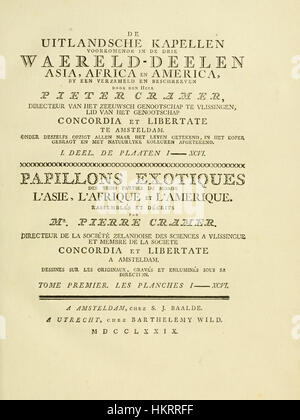Dies ist die Titelseite des ersten Bandes der „Uitlandschen Kapellen“ von Cramer & Stoll, einem bedeutenden Werk der botanischen Kunst. Sie stellt die detaillierten und genauen Darstellungen fremder Pflanzenarten vor. Stockfoto