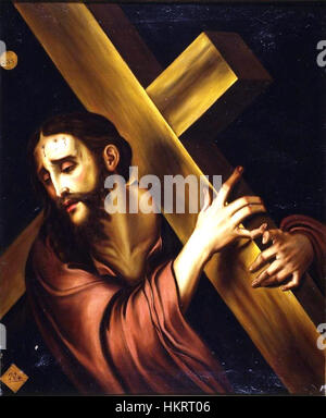 Eine Kopie des Gemäldes von Luis de Morales „Cristo con la cruz“ in der Real Academia de Bellas Artes de San Fernando. Das Werk zeigt Christus am Kreuz und zeigt die emotionale Tiefe und religiöse Bedeutung, die für Morales' Stil typisch sind. Stockfoto