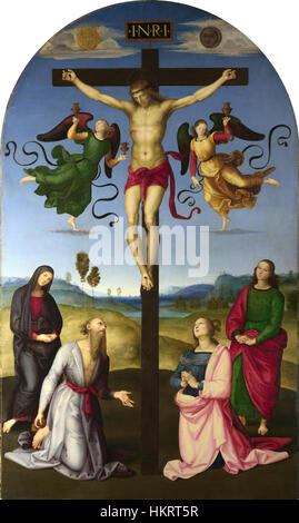 Raphaels „die Mond-Kreuzigung“, auch bekannt als „Crocefissione“, ist ein Ölgemälde aus dem frühen 16. Jahrhundert, das die Kreuzigung Christi darstellt. Das Werk wird für seine Komposition, den Einsatz von Licht und die emotionale Intensität bewundert, die einen entscheidenden Moment in der christlichen Ikonographie einfängt. Stockfoto