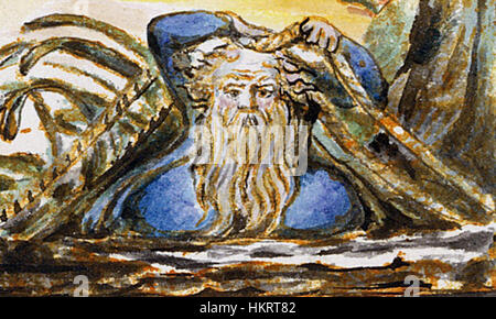 Diese abgeschnittene Version von William Blakes Songs of Innocence and of Experience (1825) mit dem Titel The Human Abstract präsentiert eine komplexe symbolische Darstellung von Unschuld und Erfahrung in Blakes unverwechselbarem Stil poetischer Illustration. Stockfoto