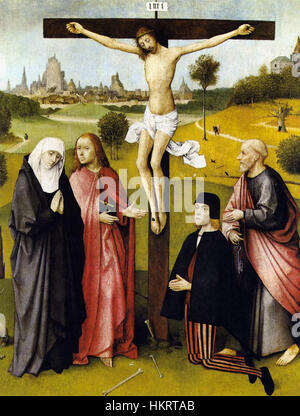 Hieronymus Boschs „Kreuzigung mit einem Spender“ ist ein religiöses Gemälde, das den dramatischen Moment der Kreuzigung Christi veranschaulicht und eine Spenderfigur zeigt, die als Teil der Szene dargestellt wird. Das Kunstwerk spiegelt den einzigartigen Stil von Bosch in der religiösen Kunst wider. Stockfoto