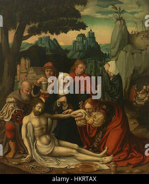 Ein niederländisches Gemälde aus dem 16. Jahrhundert, das die Abstammung vom Kreuz und die Begräbnis Christi darstellt. Dieses religiöse Kunstwerk spiegelt die Intensität und Emotionen der Leidenschaft Christi während der Spätrenaissance wider. Stockfoto
