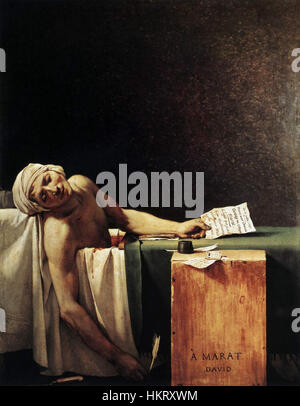 Jacques-Louis Davids „Tod von Marat“ ist eine dramatische Darstellung der Ermordung des französischen Revolutionärs Jean-Paul Marat und symbolisiert das intensive politische Klima der Französischen Revolution. Stockfoto