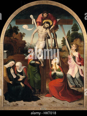 „Descendimiento de la Cruz“ von Juan Correa de Vivar zeigt den ergreifenden Moment des Abstiegs Christi vom Kreuz. Das Gemälde unterstreicht Correa de Vivars Fähigkeit, dramatische religiöse Szenen mit großer emotionaler Intensität und theologischer Bedeutung festzuhalten. Stockfoto