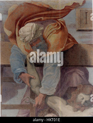 Dieses Detail aus dem Gemälde „Abstieg vom Kreuz“ zeigt den düsteren Moment, in dem Christus vom Kreuz entfernt wurde, eine mächtige Szene in der christlichen Kunst. Die Komposition konzentriert sich auf die emotionalen Ausdrucksformen der Figuren und verstärkt die Schwerkraft des Augenblicks. Das Werk veranschaulicht die religiöse Bedeutung und meisterhafte Technik des Künstlers. Stockfoto