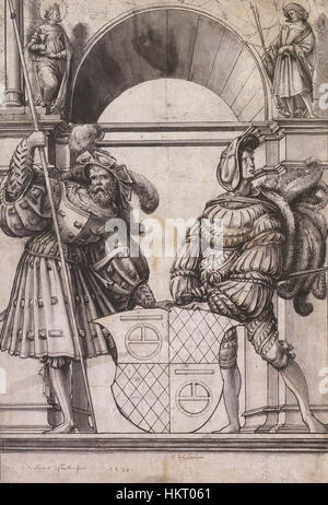 Dieser Entwurf von Hans Holbein dem Jüngeren ist ein Vorschlag für ein Buntglasfenster für Hans Fleckenstein. Holbein, bekannt für seine detaillierten und komplizierten künstlerischen Entwürfe, bringt eine Mischung aus religiösen und symbolischen Elementen mit und zeigt seinen bemerkenswerten Beitrag zur Kunst und Handwerkskunst der Renaissance. Stockfoto