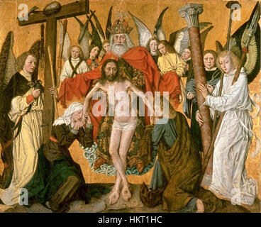 Die Heilige Dreifaltigkeit als Thron der Gnade, ein gotisches Gemälde aus dem 15. Jahrhundert aus Salzburg, das religiöse Themen darstellt und die theologische Bedeutung der Zeit widerspiegelt. Stockfoto