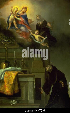 Ein religiöses Ölgemälde mit dem Titel „Visione di San Luigi“ von einem italienischen Künstler, das den Heiligen Louis in einem heiteren und göttlichen Moment veranschaulicht. Das Kunstwerk fängt den heiligen in einer spirituellen Vision ein und verbindet religiösen Symbolismus mit barocker Ästhetik. Stockfoto