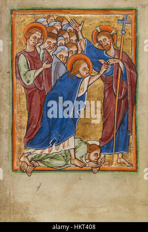 Dieses Kunstwerk mit dem Titel „Zweifel an Thomas“ ist ein religiöses Gemälde, das die biblische Szene darstellt, in der Thomas, einer der Jünger Jesu, an der Auferstehung Christi zweifelt. Das Gemälde betont den Moment des Zweifels und Glaubens. Stockfoto