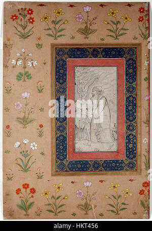 Diese Zeichnung im Mogulstil zeigt einen älteren Mann auf einem Pferd vor einem floralen Hintergrund. Das Kunstwerk spiegelt die komplizierten Mogultraditionen und die Prominenz von Reiterfiguren in der indischen Kunst wider. Stockfoto