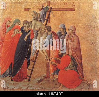 Duccio di Buoninsegna's 'Deposition' ist ein Gemälde aus dem 14. Jahrhundert, das die Entfernung des Leichnams Christi vom Kreuz illustriert. Das Werk ist ein Schlüsselbeispiel für Kunst der frühen italienischen Renaissance mit einem Schwerpunkt auf religiösen Themen. Stockfoto