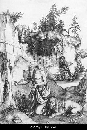 Albrecht Dürers Kupferstich „San Girolamo Penitente nel Deserto“ aus dem Jahr 1496 zeigt den heiligen Jerome in der Wüste und symbolisiert seine spirituelle Zurückhaltung und Buße. Dieses Werk veranschaulicht Dürers Beherrschung im Detail und religiöse Themen und spiegelt die Werte der Renaissance von Hingabe und Introspektion wider. Stockfoto