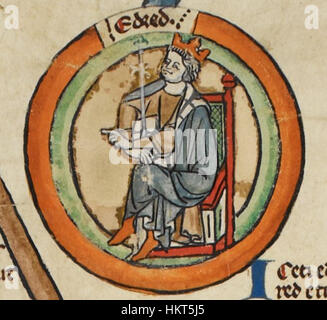 Das Manuskript MS Royal 14 B VI enthält eine Beleuchtung, die Eadred, einen englischen König, darstellt, der in mittelalterlicher Kunst dargestellt wird. Das Werk ist ein Beispiel angelsächsischer Handschriftenkunst mit Schwerpunkt auf historischen und königlichen Themen. Stockfoto