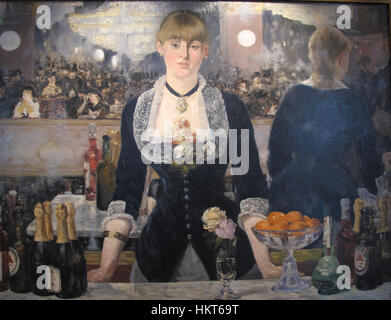 Dieses ikonische Gemälde von Edouard Manet mit dem Titel „A Bar at the Folies-Bergère“ zeigt eine Szene im berühmten Pariser Kabarett. Die Komposition zeigt eine Barkeeper mit reflektierender Oberfläche, die die Atmosphäre des Pariser Nachtlebens aus dem 19. Jahrhundert einfängt. Stockfoto