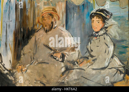 „Der Maler Monet in seinem Atelierboot“ von Edouard Manet in der Staatsgalerie Stuttgart ist ein Ölgemälde, das Claude Monet in seinem Atelier auf der seine zeigt. Manets Arbeit fängt das Wesen von Monets innovativem Ansatz zum Impressionismus mit lebhaften Pinselstrichen und einem Fokus auf Licht und Wasser ein. Stockfoto