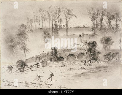 Edwin Forbes’ Gemälde „The Charge Across the Burnside Bridge“ fängt einen dramatischen Moment aus dem Amerikanischen Bürgerkrieg ein und zeigt Soldaten der Union, die die Brücke während der Schlacht von Antietam 1862 stürzten. Stockfoto