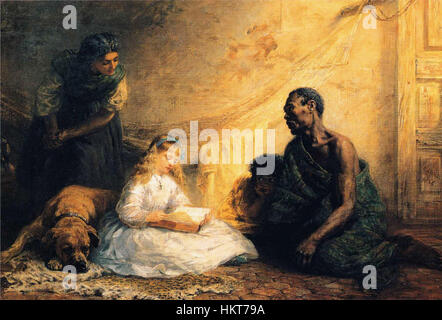 Dieses Gemälde von Edwin Longsden Long mit dem Titel „Onkel Tom und kleine Eva“ zeigt einen ergreifenden Moment aus Harriet Beecher Stowes Roman „Onkel Tom's Cabin“. Das Werk ist bekannt für seine emotionale Tiefe und seine Beherrschung bei der Darstellung der Beziehung zwischen den beiden Charakteren und betont den historischen Kontext der Sklaverei in Amerika. Stockfoto