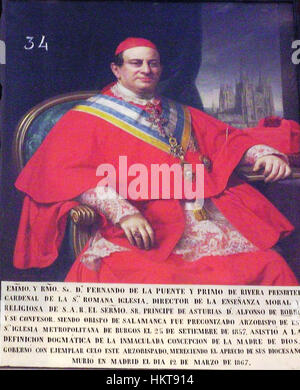 Dieses Porträt von Kardinal Fernando de la Puente y Primo de Rivera (1808–1867) zeigt den spanischen Erzbischof und seine herausragende Rolle in der Kirche. Sein Vermächtnis in der spanischen Kirchengeschichte wird in der künstlerischen Darstellung festgehalten. Stockfoto