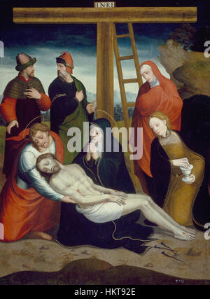 Ein Ölgemälde mit dem Titel „El Descendimiento“ von Juan Correa de Vivar, das die Abkunft Christi vom Kreuz darstellt, eine dramatische und emotionale religiöse Szene aus dem spanischen Barock. Stockfoto