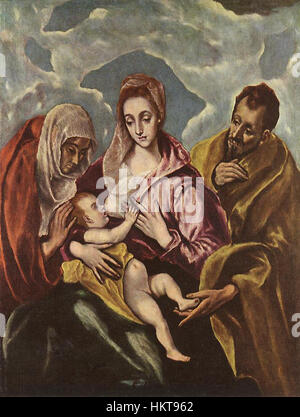 El Greco's *Heilige Familie mit St. Anne* stellt die Jungfrau Maria, Jesus und St. Anne in einem religiösen Umfeld dar. Das Gemälde veranschaulicht El Grecos einzigartigen Stil und verbindet Manierismus mit spirituellen Themen in dieser Darstellung der heiligen Familie. Stockfoto