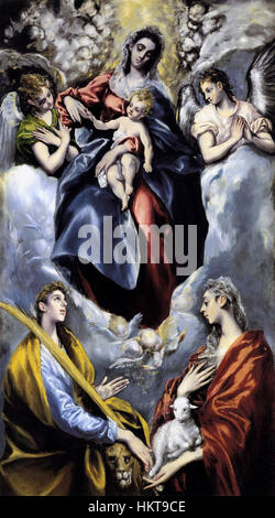 „Die Jungfrau und das Kind mit der heiligen Martina und der heiligen Agnes“ von El Greco, WGA10539, ist ein bemerkenswertes religiöses Gemälde, das die Jungfrau Maria mit dem Christuskind, flankiert von zwei Heiligen, darstellt. El Grecos unverwechselbarer Stil bringt spirituelle Tiefe und Emotionen in das Stück. Stockfoto