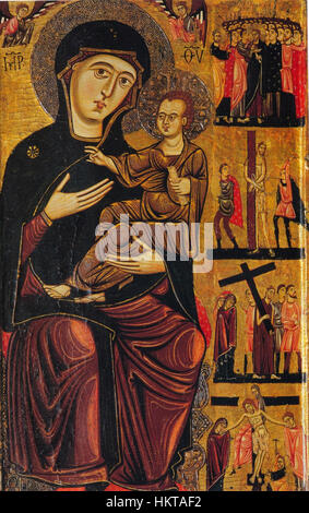 „Madonna Col Bambino, Due angeli e storie della Passione“ von Enrico di Tedice ist ein Renaissance-Gemälde, das im Museo del Bargello in Florenz ausgestellt wird. Das Kunstwerk zeigt die Madonna mit Kind, zwei Engel und Szenen aus der Passion Christi. Stockfoto