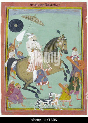 Dieses Reiterporträt von Maharana Jagat Singh II. Zeigt die königliche Haltung des indischen Herrschers in traditioneller königlicher Kleidung. Das Gemälde ist im San Diego Museum of Art untergebracht und spiegelt die kulturelle und historische Bedeutung der Maharana wider. Stockfoto