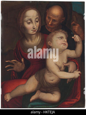 Die Sagrada Familia von Fernando Yañez de la Almedina (1523) ist ein Meisterwerk religiöser Kunst der Frührenaissance. Das Gemälde zeigt die Heilige Familie und zeigt die Fähigkeit des Künstlers, emotionale Tiefe und hingebungsvolle Themen festzuhalten. Stockfoto