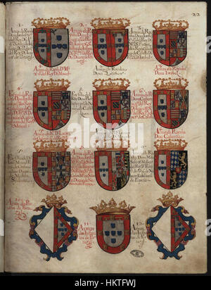 Eine Illustration aus dem *Thesouro de Nobreza* mit den Wappen verschiedener Königinnen. Dieses Stück ist ein Beispiel heraldischer Kunst und zeigt die königlichen Symbole und Embleme, die mit dem europäischen Königshaus verbunden sind. Stockfoto