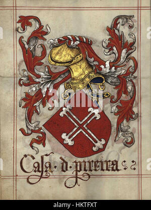 Ein detailliertes Gemälde von „Livro do Armeiro-Mor“, einer wichtigen heraldischen Handschrift des portugiesischen Künstlers Pereira aus dem 16. Jahrhundert. Dieses Werk enthält exquisite Illustrationen von Wappen, die für das Studium der portugiesischen Heraldik von entscheidender Bedeutung sind. Stockfoto