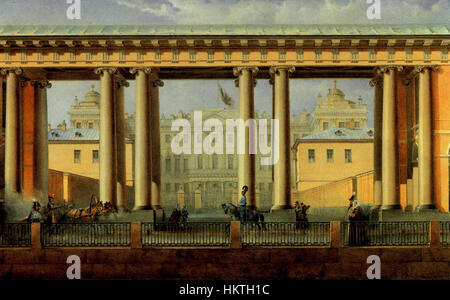 Dieses Gemälde des Fontanka-Flusses und der Anichkov-Brücke in St. Petersburg aus dem Jahr 1838 zeigt die architektonische Schönheit und historische Bedeutung dieser Wahrzeichen. Das Stück reflektiert die urbane Landschaft Russlands des 19. Jahrhunderts. Stockfoto