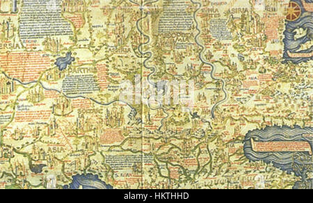 Die Fra Mauro Karte des Nahen Ostens, ein historisches Werk der Kartographie, geht auf das 15. Jahrhundert zurück. Es ist bekannt für seine detaillierte Darstellung der damals bekannten Welt mit Schwerpunkt auf dem Nahen Osten und den umliegenden Regionen. Stockfoto