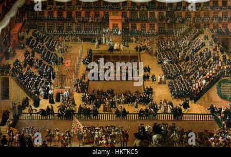 Francisco Rizis Gemälde „Auto de Fe“ zeigt eine dramatische Szene aus der spanischen Inquisition, die sich mit den religiösen und gesellschaftlichen Spannungen dieser Zeit beschäftigt. Sein Werk ist bekannt für seine emotionale Intensität und historische Genauigkeit. Stockfoto