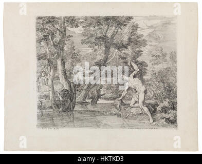 „Landscape with Narcissus and Echo“ von Franciscus de Neve (II) zeigt die mythologische Geschichte von Narcissus und Echo vor einer ruhigen, natürlichen Landschaft. Das Gemälde fängt den Moment der Reflexion von Narcissus im Wasser ein, mit Echo' schwacher Präsenz im Hintergrund, die klassische Mythologie mit Landschaftskunst verbindet. Stockfoto