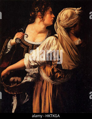 Artemisia Gentileschi, eine italienische Barockmalerin des 17. Jahrhunderts, schuf das Ölgemälde 'Judith und ihre Magd', das die biblische Geschichte von Judith darstellt und ihre Fähigkeit zeigt, intensive Emotionen durch den Einsatz von Licht und Schatten einzufangen. Stockfoto