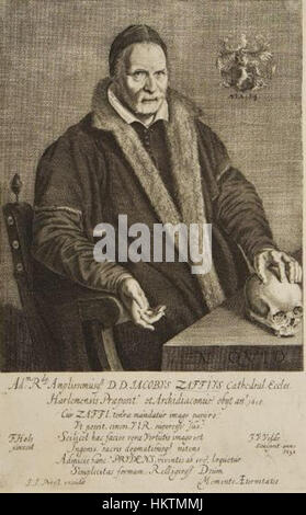 Dieses von Frans Hals und Jan van de Velde geschaffene Porträt zeigt Jacobus Zaffius an einem Tisch, begleitet von einem Schädel. Die Aufnahme des Schädels ist symbolisch für die Sterblichkeit, ein Thema, das in der niederländischen Barockkunst oft erforscht wird. Das Werk zeigt die Meisterschaft der Künstler in Porträts und Stillleben und verbindet Realismus mit symbolischen Elementen. Stockfoto