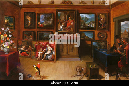 Ein Gemälde von Frans II. Francken mit dem Titel „A Picture Gallery with A man of Science Making Measurements“. Es zeigt einen Gelehrten oder Wissenschaftler in einer Galerie, der wissenschaftliche Messungen in einer kunstvollen Umgebung durchführt. Stockfoto